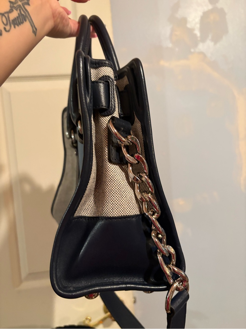 Michael Kors Hamilton Center Stripe Blue Navy & Canvas Satchel w/ Silver Lock - Picture 2 of 5